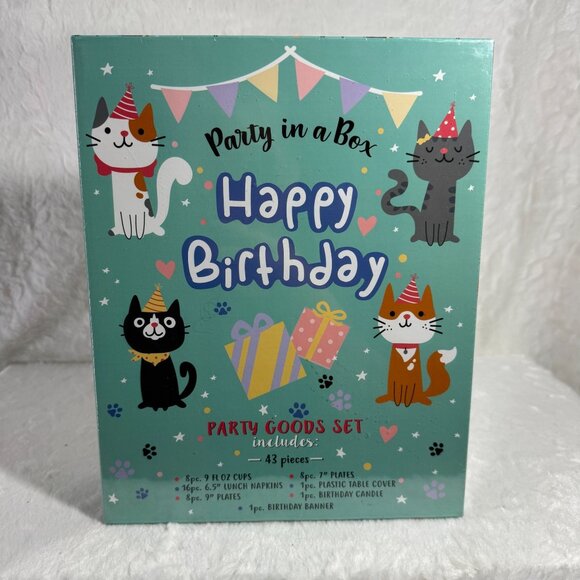 Party In A Box Happy Birthday 43 Pc Party Goods Set Cat Theme New Sealed - Picture 1 of 3